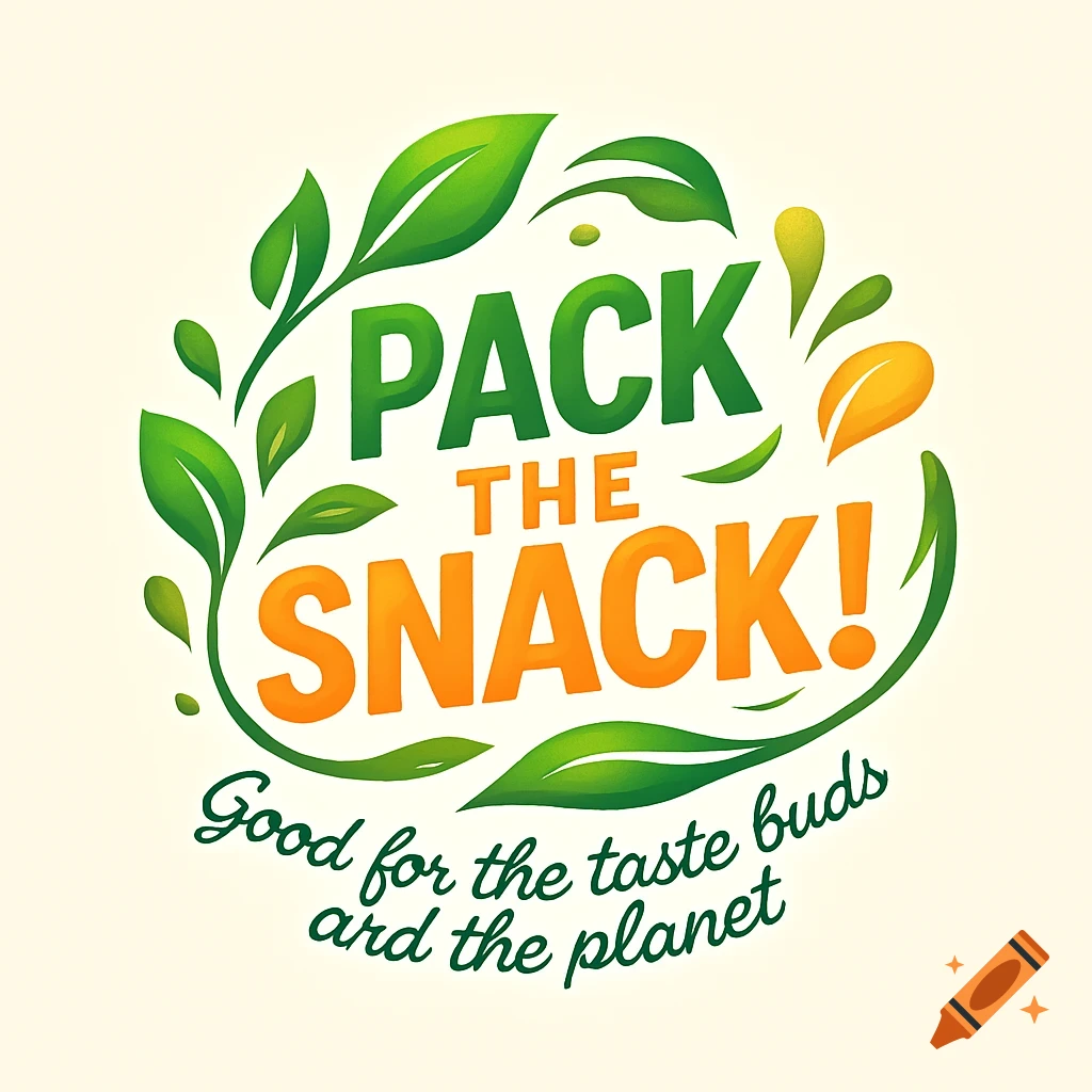 Logo with green and orange text 'PACK THE SNACK!' and 'Good for the taste buds and the planet', surrounded by green leaves on a light background.
