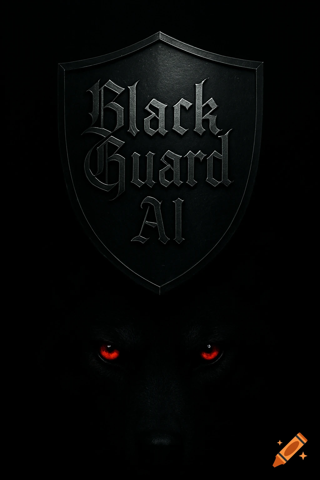 A dark shield with "BlackGuard AI" text above glowing red wolf eyes in shadow.