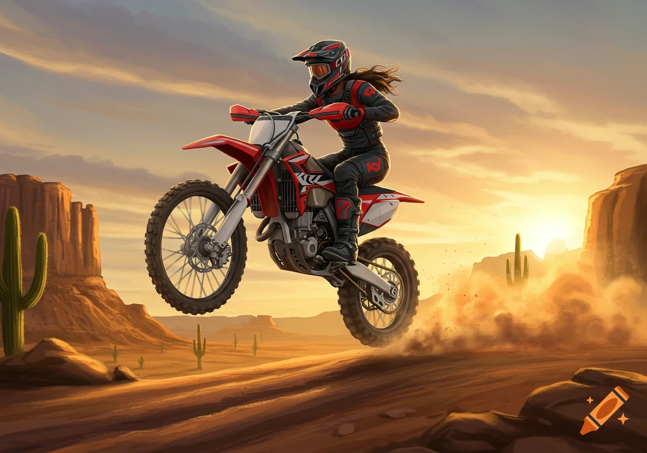 Stylized illustration of a person on a red dirtbike jumping in a desert at sunset.