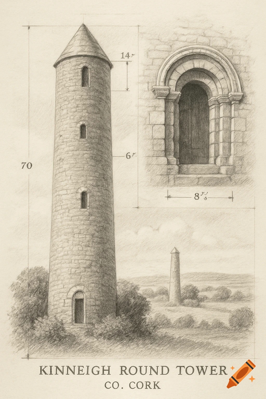 Pencil sketch of Kinneigh Round Tower in Cork, showing the full tower, a detailed entrance, and measurements, with a smaller tower in the background.