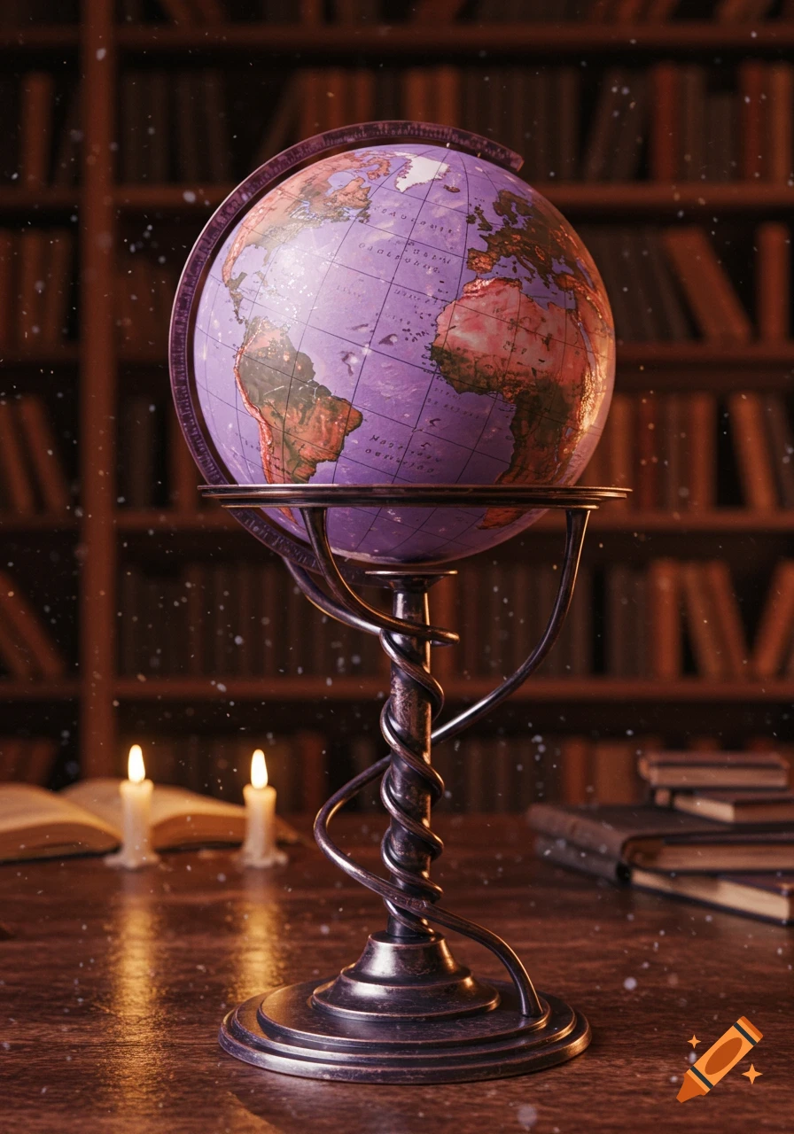 A purple and red fantasy globe on an ornate stand sits on a wooden library table with candles and books.
