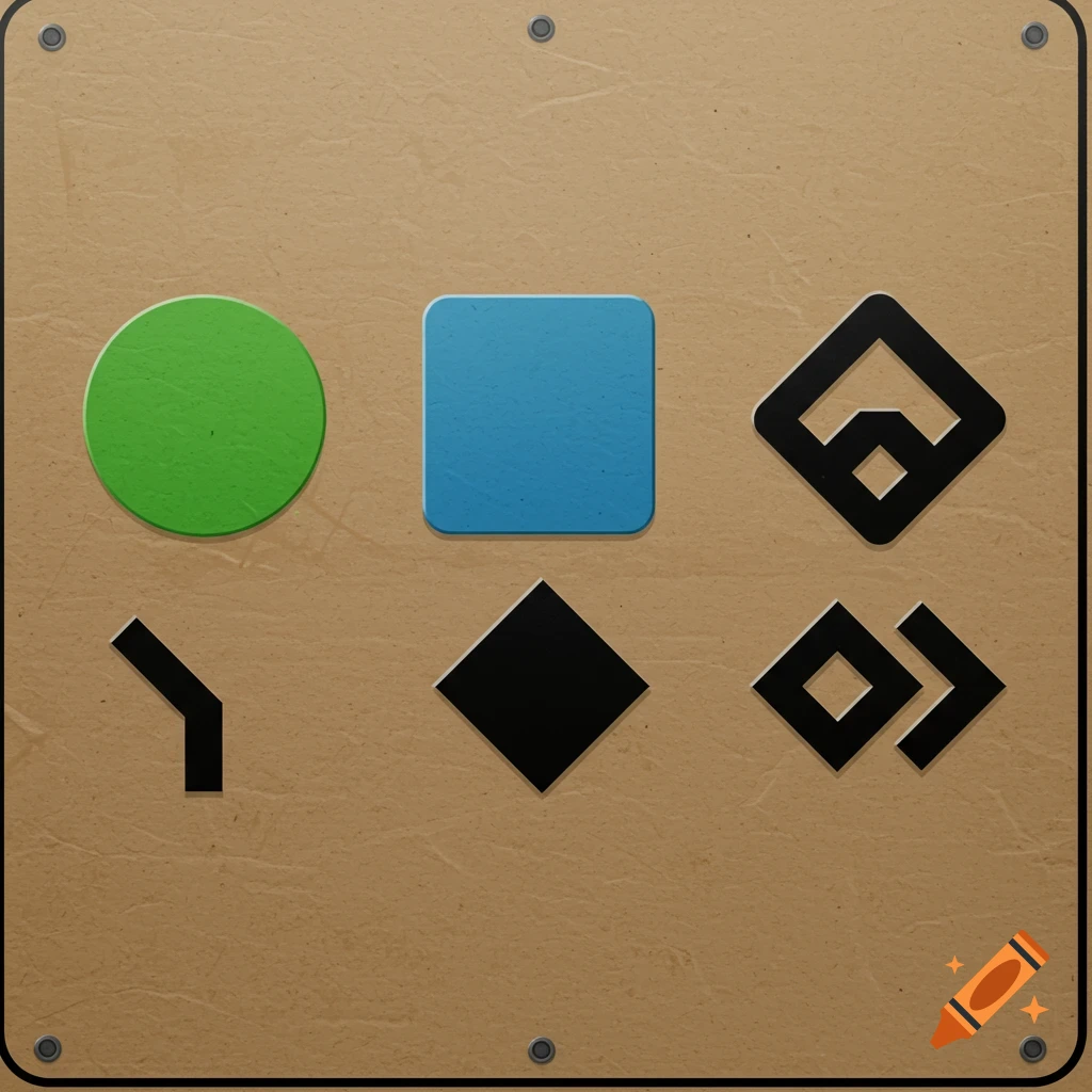Six abstract mountain bike trail difficulty symbols: a green circle, blue rounded square, and four black geometric shapes on a brown textured background with rivets.