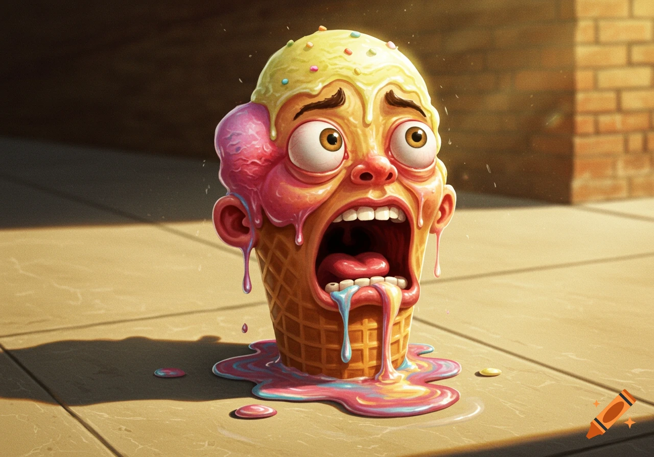 Cartoon ice cream cone with a screaming, terrified human-like face, melting and dripping onto a sunlit pavement.