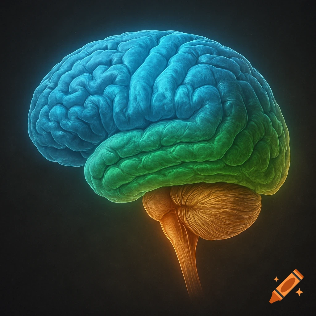 Stylized human brain highlighted in blue, green, and orange on a dark background.