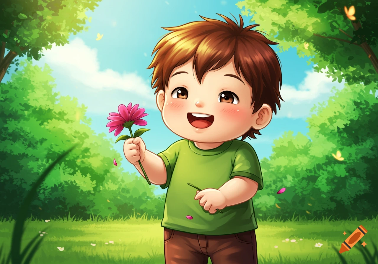 An adorable anime toddler with brown hair, wearing a green shirt and brown pants, happily holds a pink flower in a sunny green park with trees and blue sky.