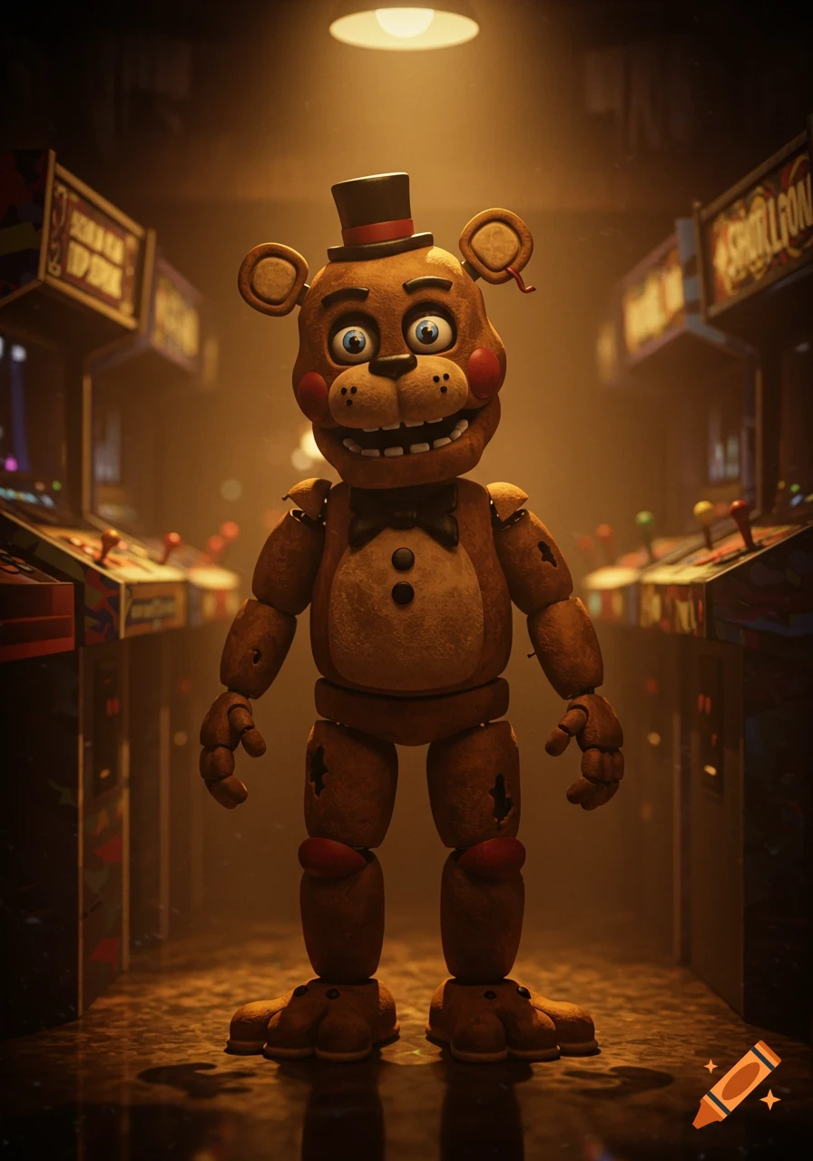 Freddy Fazbear, a brown animatronic bear with a top hat and bowtie, stands in a dimly lit arcade with glowing arcade machines.