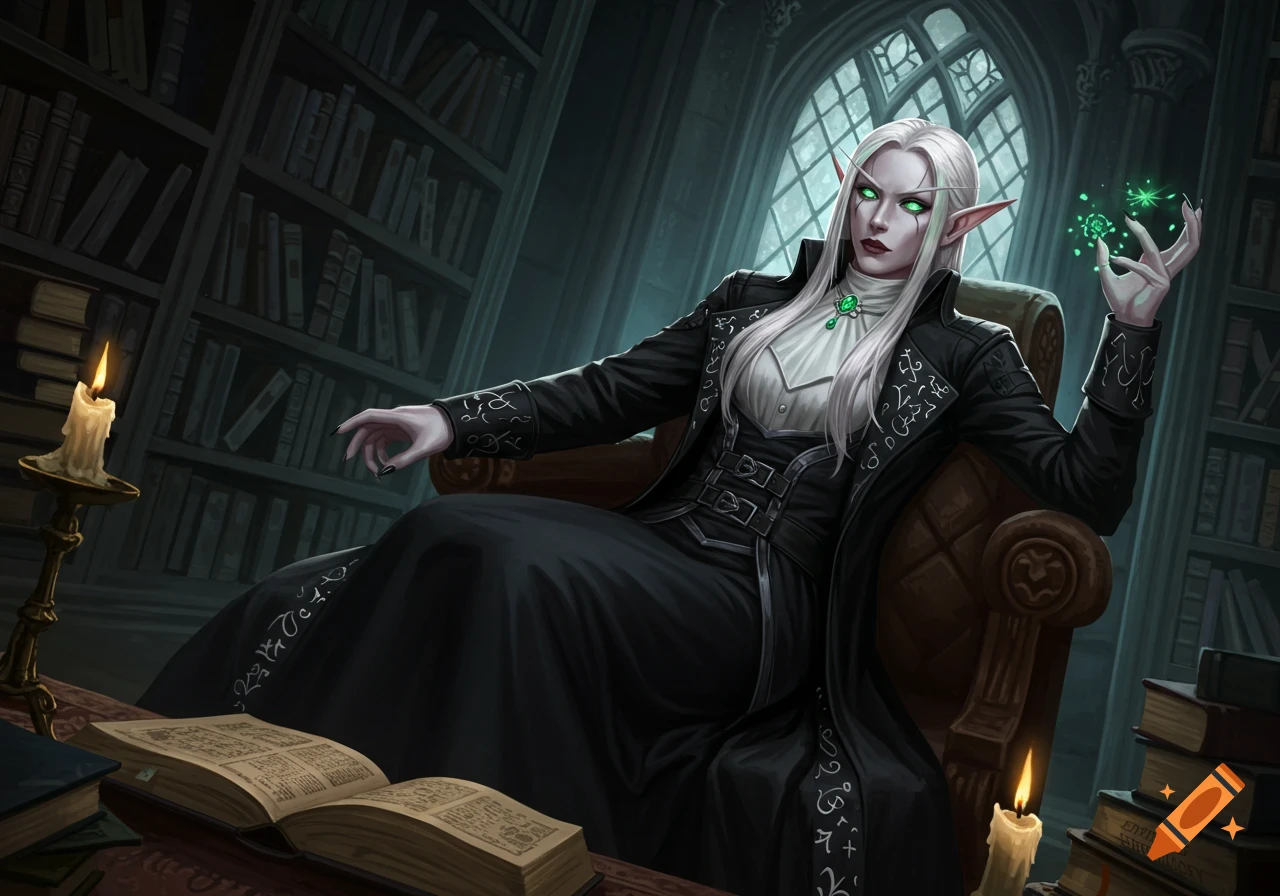 A pale-skinned female elf with emerald eyes in dark attire sits in a gothic library, holding glowing magic.