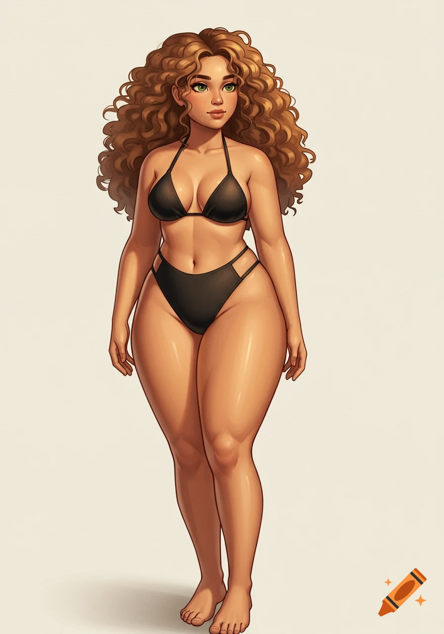 A semi-realistic cartoon illustration of a confident, curvy woman with curly brown hair wearing a black bikini, standing barefoot.
