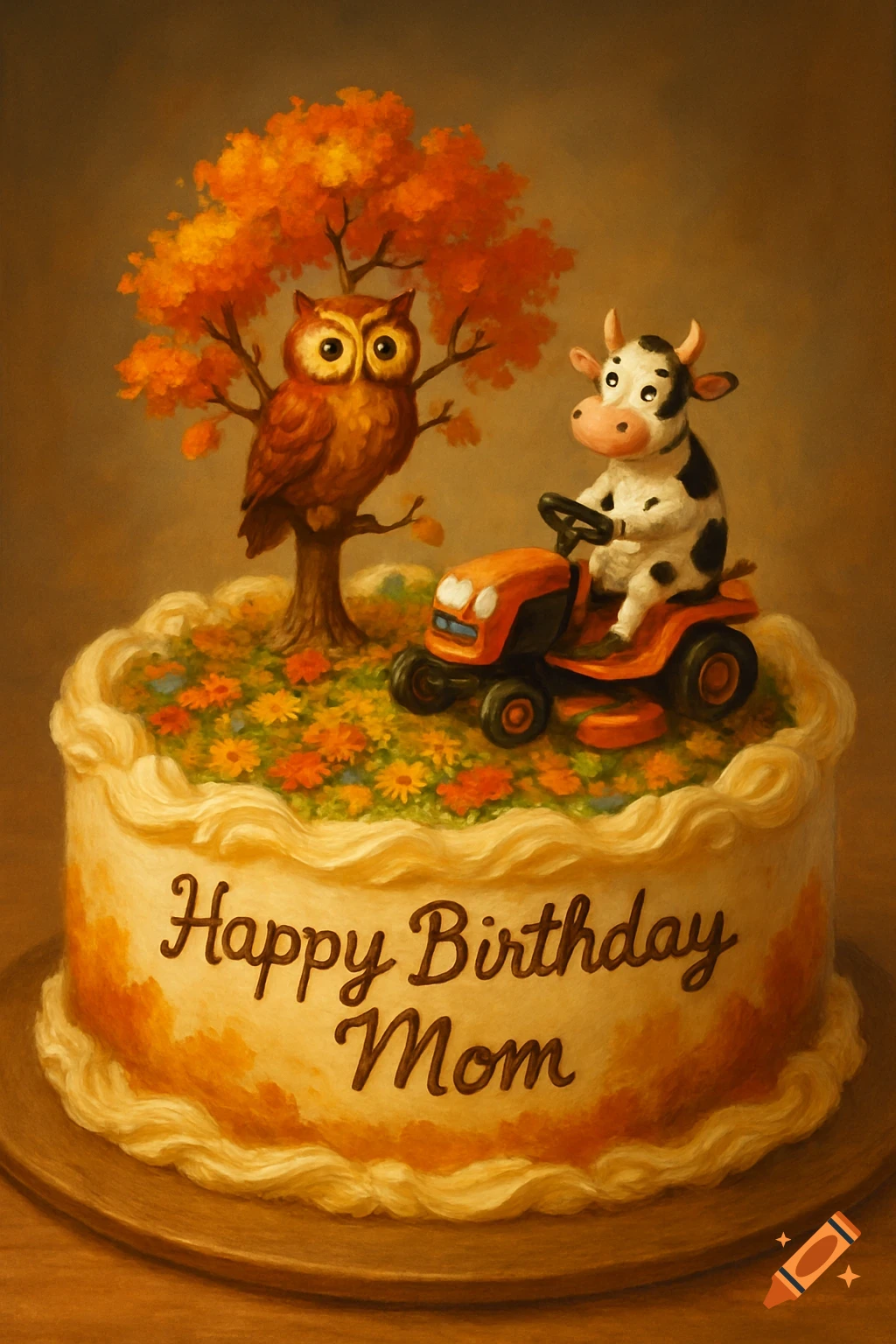 A painted birthday cake topped with an owl in an autumn tree, a cow on a lawnmower, and colorful flowers, with 'Happy Birthday Mom' written on the side.