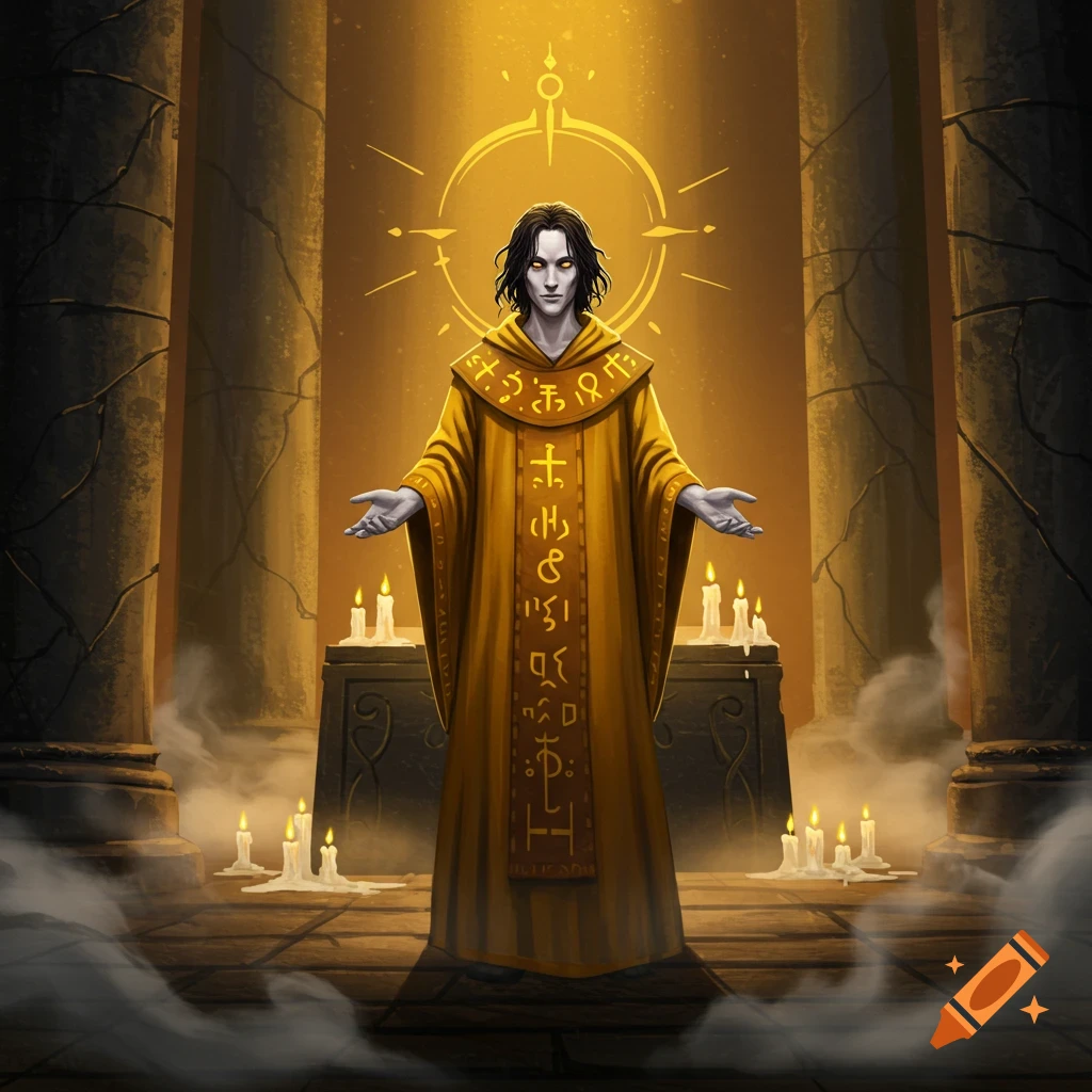 A pale cultist in a yellow robe with symbols stands in a candlelit temple, bathed in golden light.