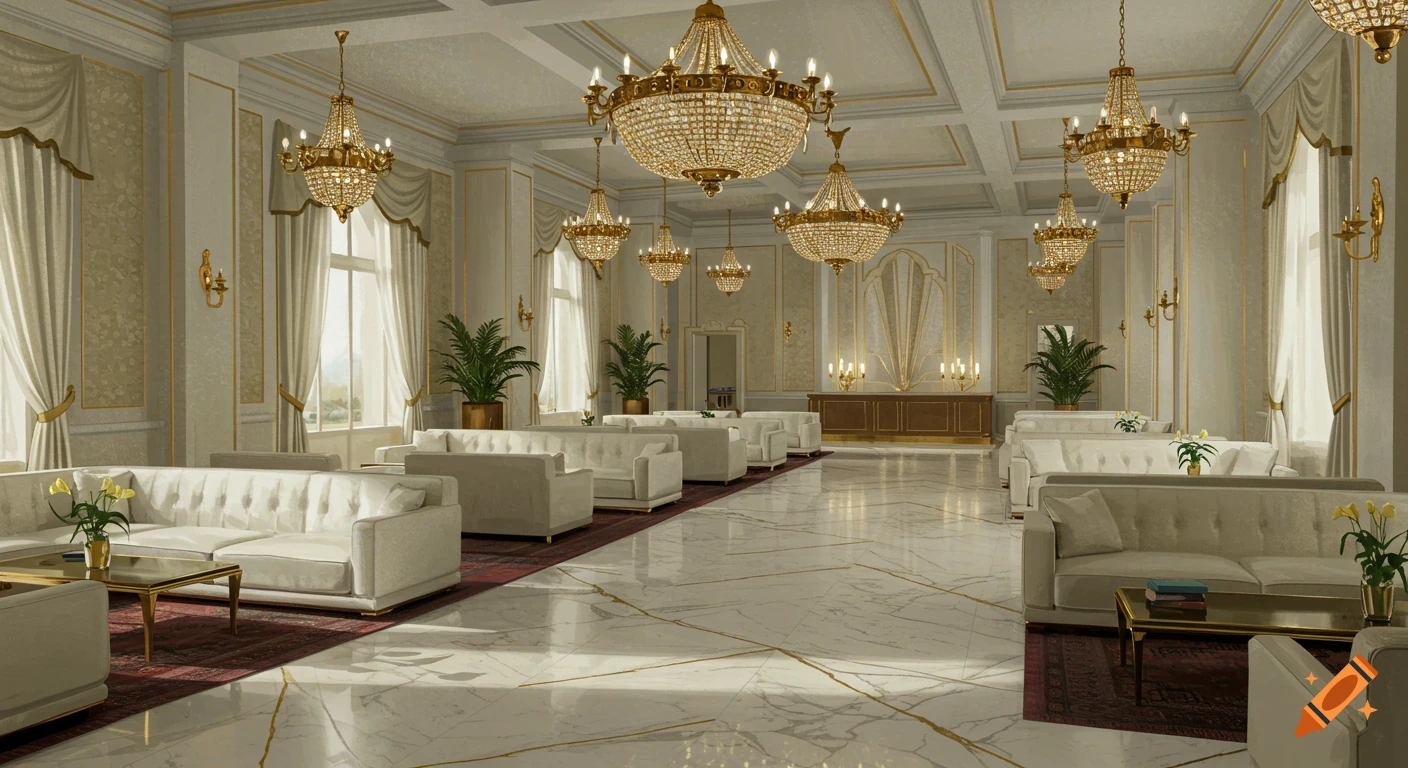 Luxurious hotel lounge with white sofas, large gold chandeliers, and white marble floors, in a photorealistic style.
