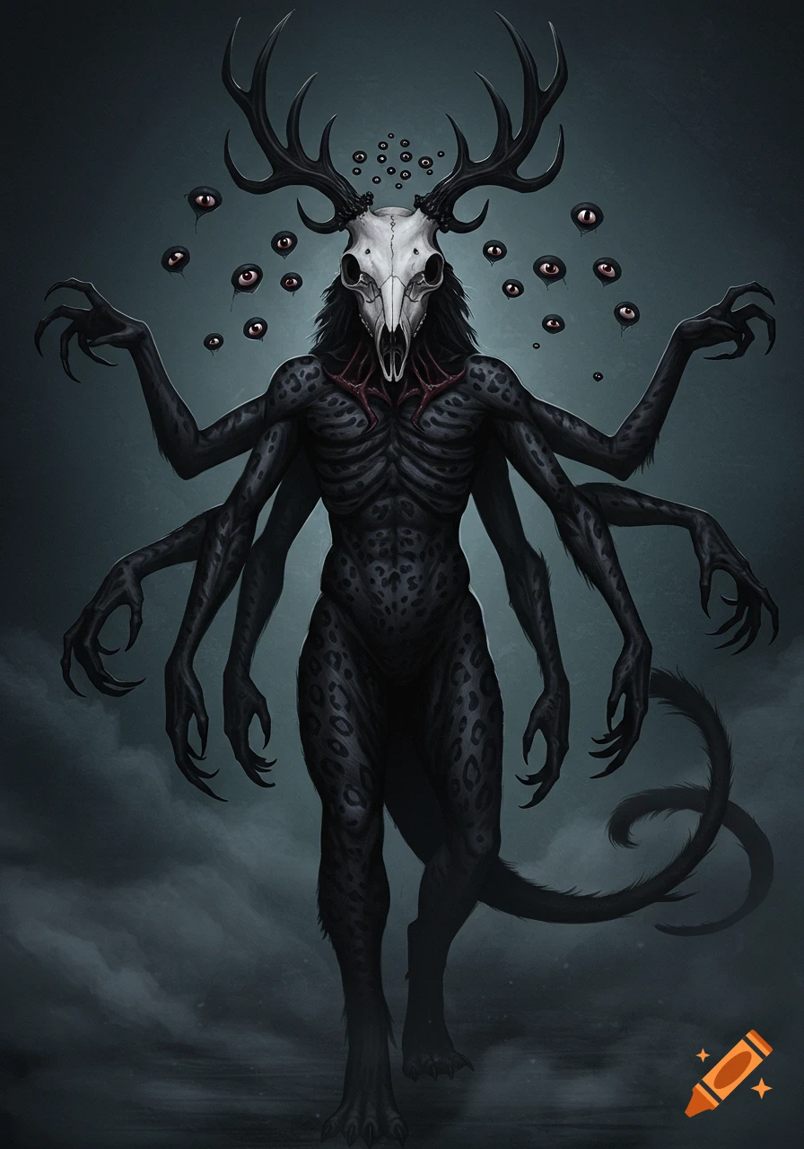 A dark, monstrous creature with an elk skull head, black fur with leopard-like spots, six clawed arms, and multiple floating eyes stands in a misty environment.