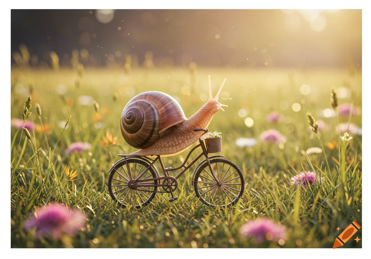 A photorealistic snail rides a small bicycle through a sunny grassy field with wildflowers.