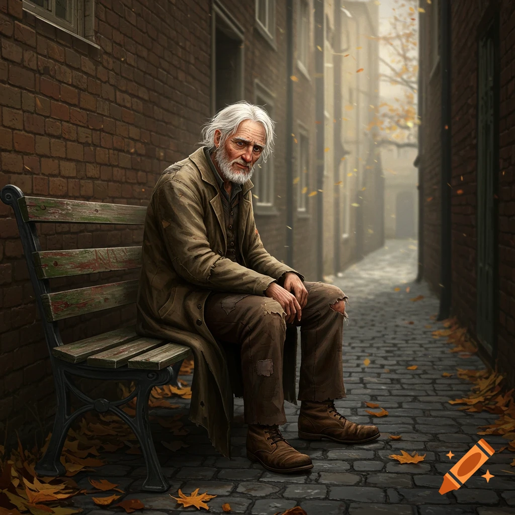 Photorealistic image of a forlorn old man with white hair and beard, wearing tattered clothes, sitting on a bench in a brick alley with autumn leaves.