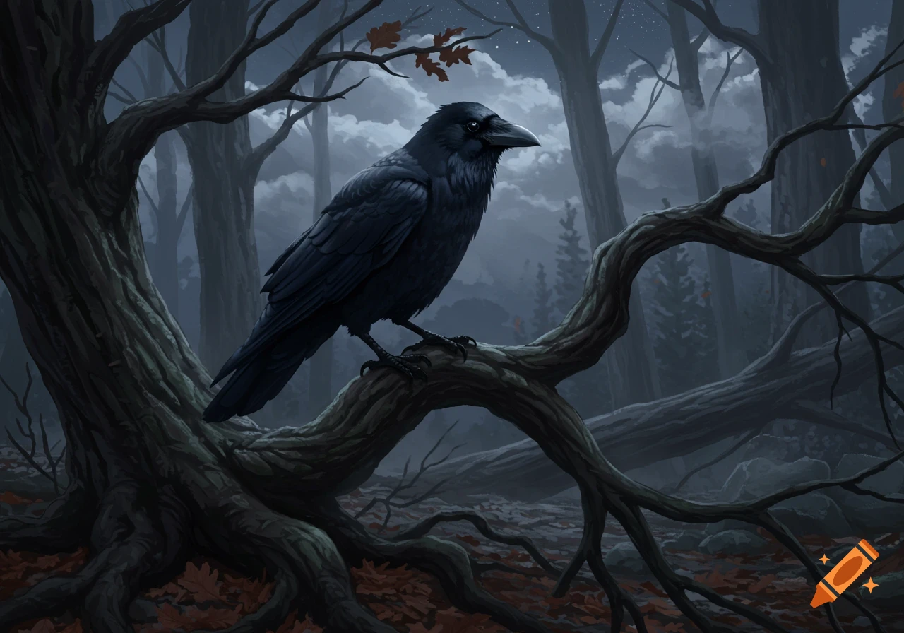 A black crow with shining eyes perched on a gnarled tree branch in a dark, misty forest with a starry sky.