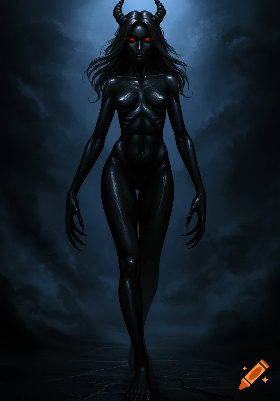 A dark, demonic figure with obsidian skin, horns, glowing red eyes, and sharp claws stands in a moody, shadowy environment.