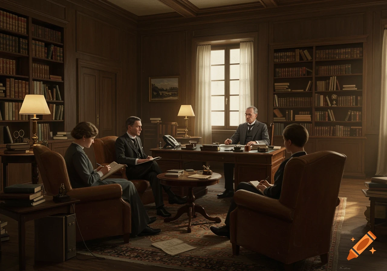 Four people, including an older man at a desk, meet in a realistic, historically-styled wood-paneled office with bookshelves and warm light.