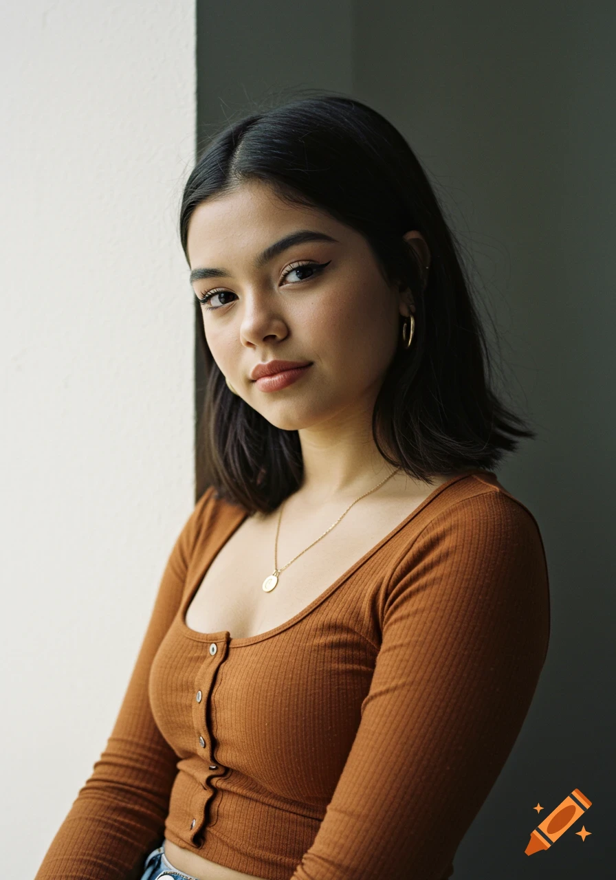 A young Hispanic woman with dark hair and a brown ribbed long-sleeve top looks at the camera, leaning against a wall.