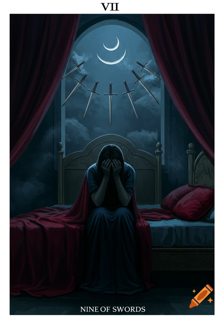 A tarot card showing a person in a dark room, head in hands on a bed. Red drapes frame an archway revealing nine swords and two crescent moons in a cloudy night sky. Text reads 'VII' and 'NINE OF SWORDS'.