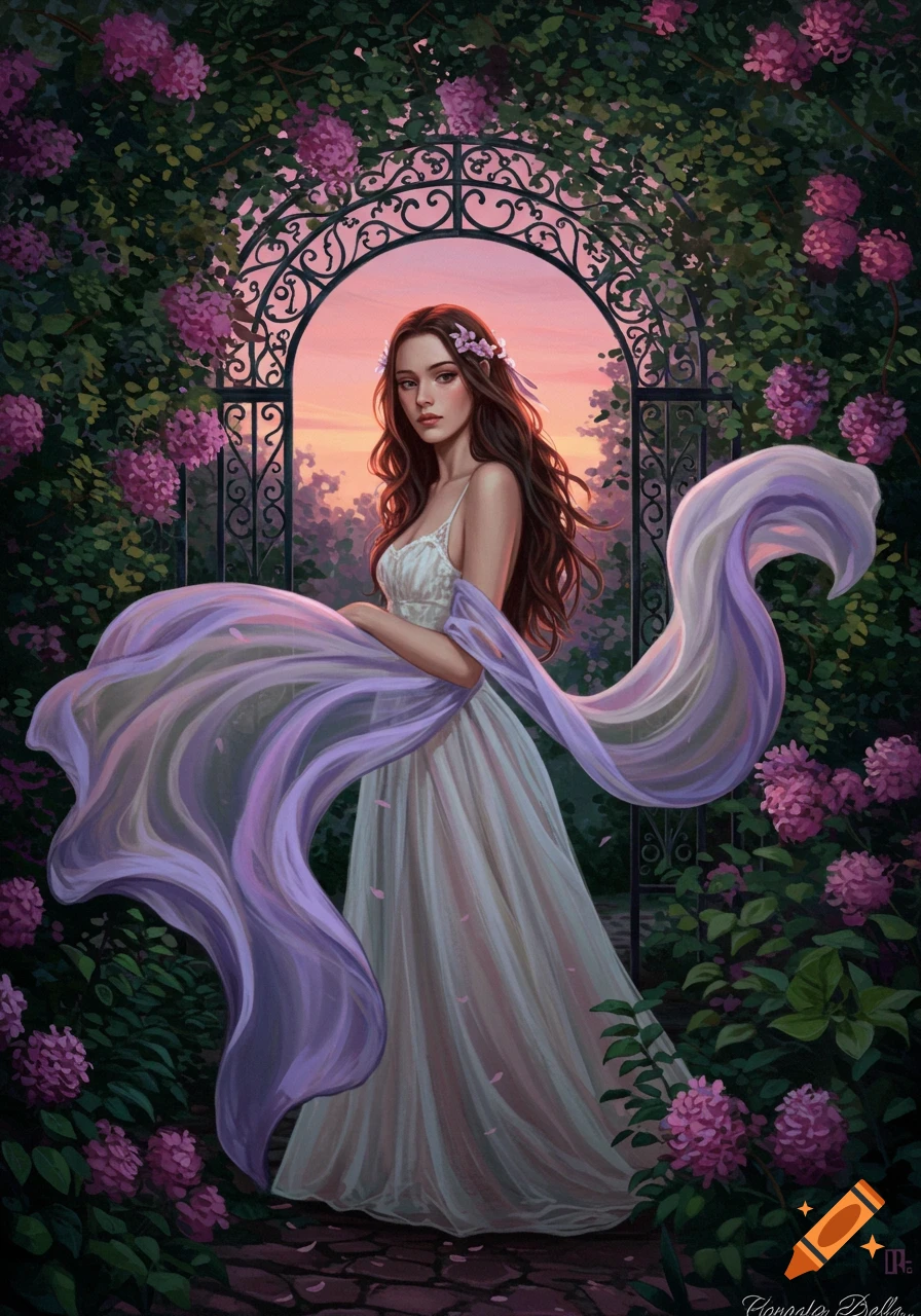 A woman with long brown hair, wearing a white dress and a flowing purple sash, stands in a vibrant rose garden at sunset, looking forward.