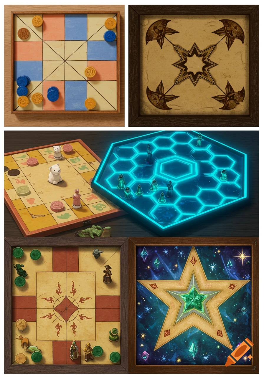 A collage of five diverse board game designs, featuring various layouts, colors, and game tokens, including traditional and futuristic styles.