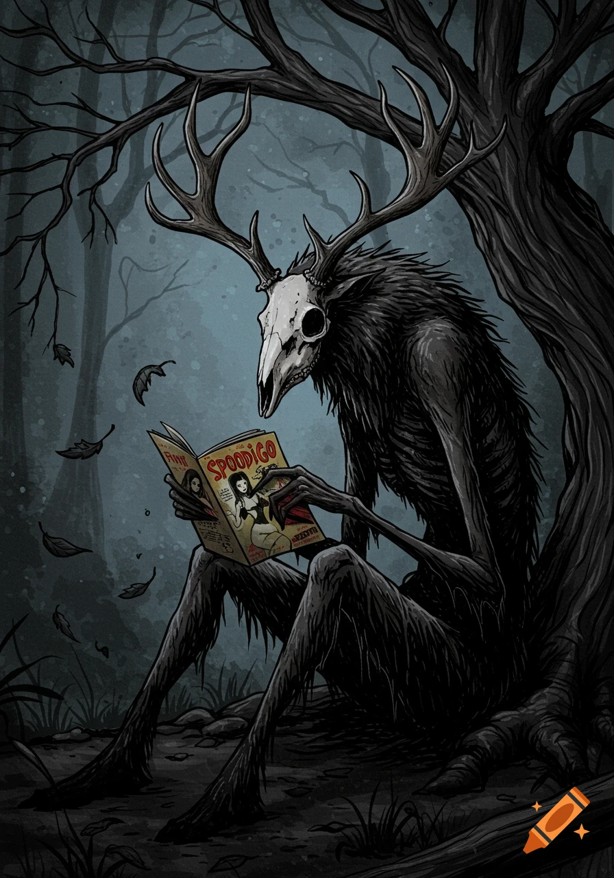 Hand-drawn dark art of a wendigo-like creature with a skull head and antlers, sitting under a twisted tree, reading a retro pin-up magazine in a dark forest.