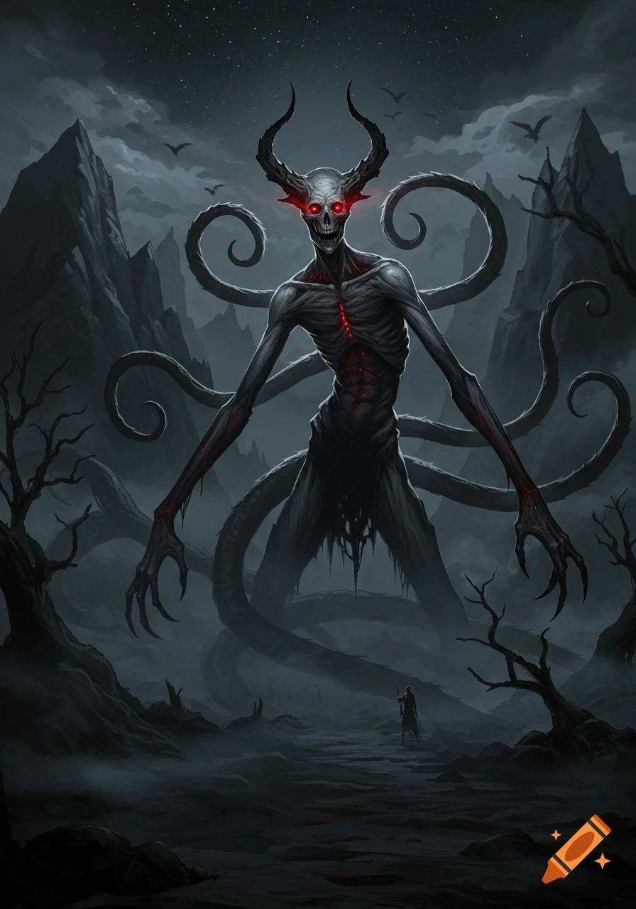 A tall, gaunt horned demon with glowing red eyes and tentacles looms over a small figure in a dark, desolate, mountainous landscape at night. Dark fantasy art.