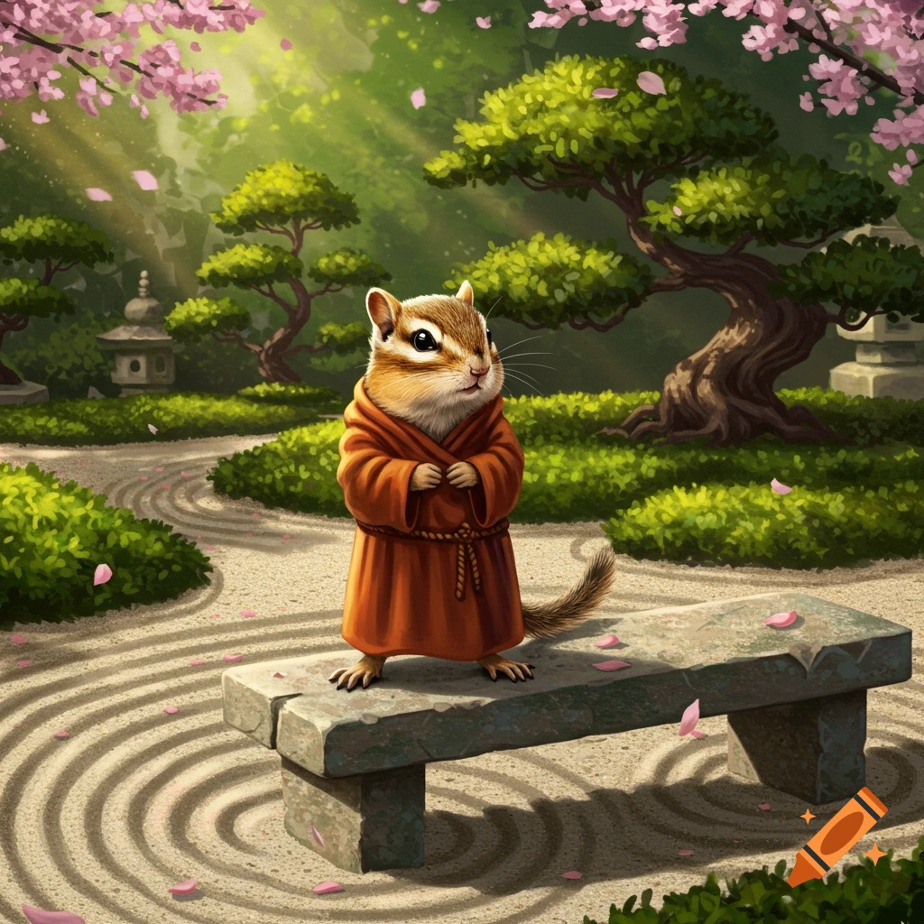 A cute chipmunk in an orange monk's robe stands on a stone bench in a peaceful Japanese garden with cherry blossoms.