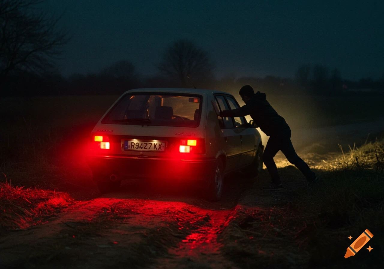 A person pushes a beige car on a dirt road at night, with bright red tail lights reflecting on the ground, in a photorealistic style.