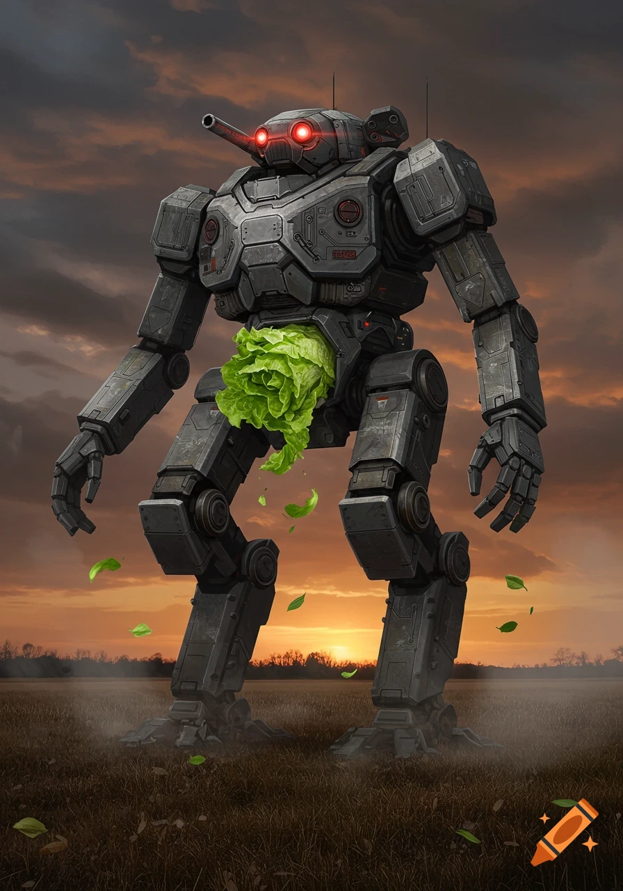 A giant grey tank robot with glowing red eyes stands in a field at sunset, with lettuce emerging from its midsection.