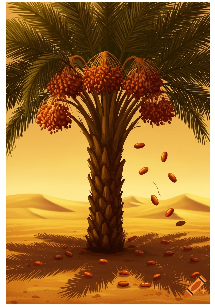 A stylized illustration of a date palm tree in a desert with dates falling, against a warm, gradient sky.