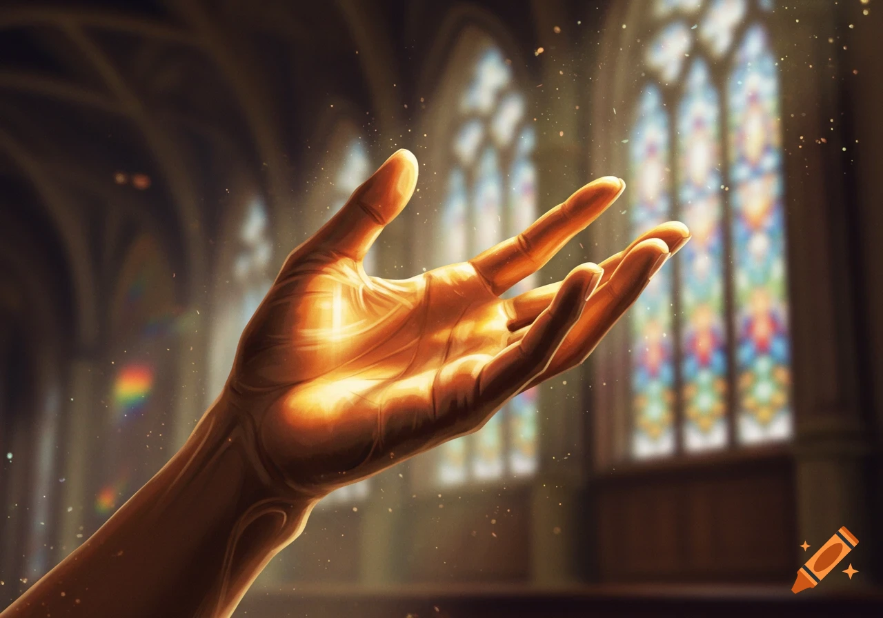 A glowing hand reaching upwards, bathed in light streaming through stained glass windows in a cathedral, digital art.