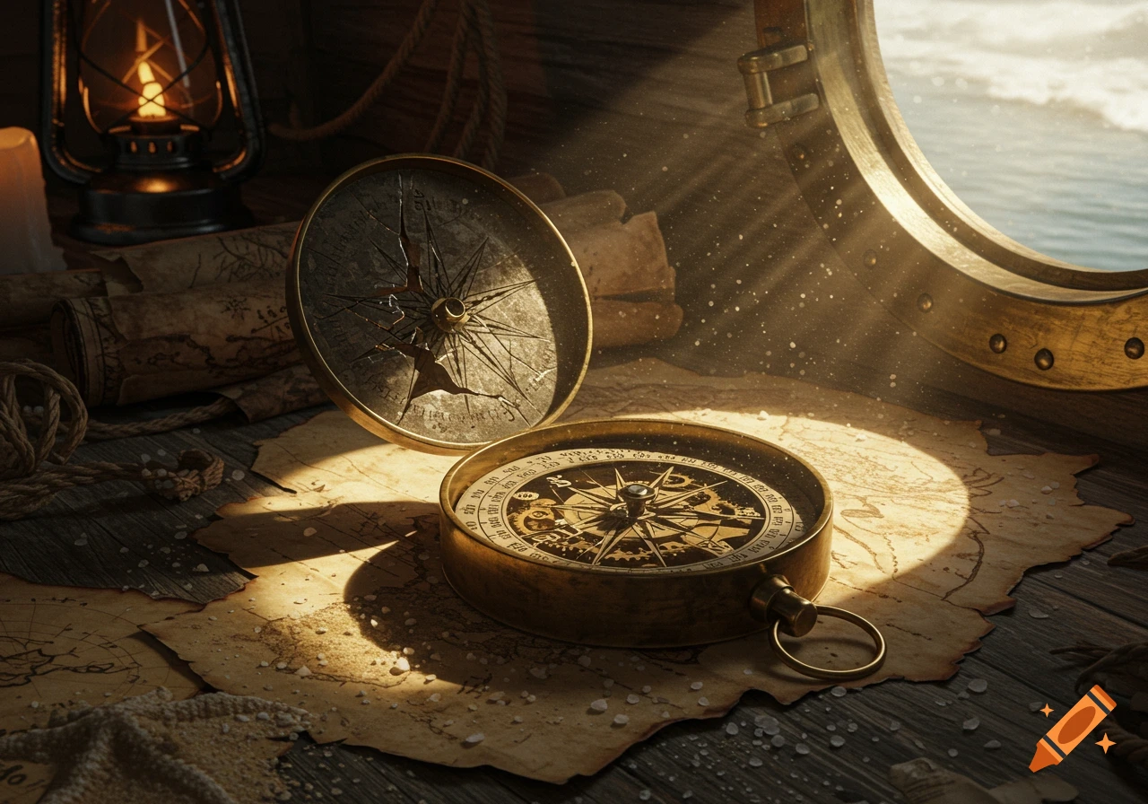 Close-up of two antique brass compasses and old, torn maps on a wooden surface, illuminated by light streaming through a ship's porthole looking out to sea. A lantern and rope are in the background.