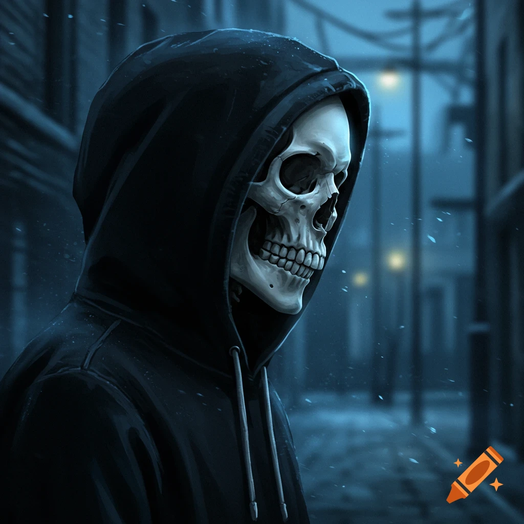 A close-up, side profile of a skeletal figure wearing a dark hoodie, standing in a dimly lit, atmospheric alleyway with snow falling.