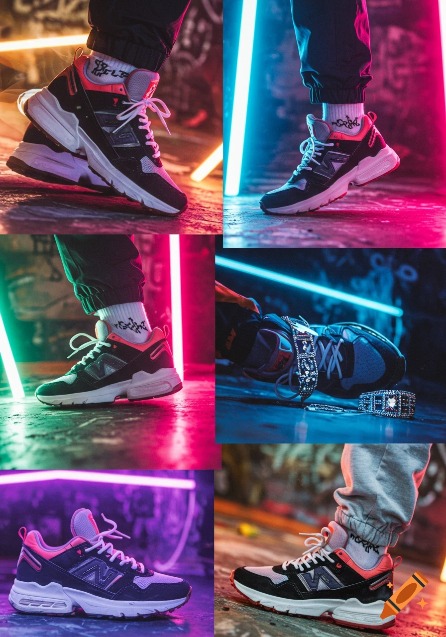 Montage of close-ups of black, pink, and white sneakers with white socks and shiny jewelry on a street, illuminated by colorful neon lights.