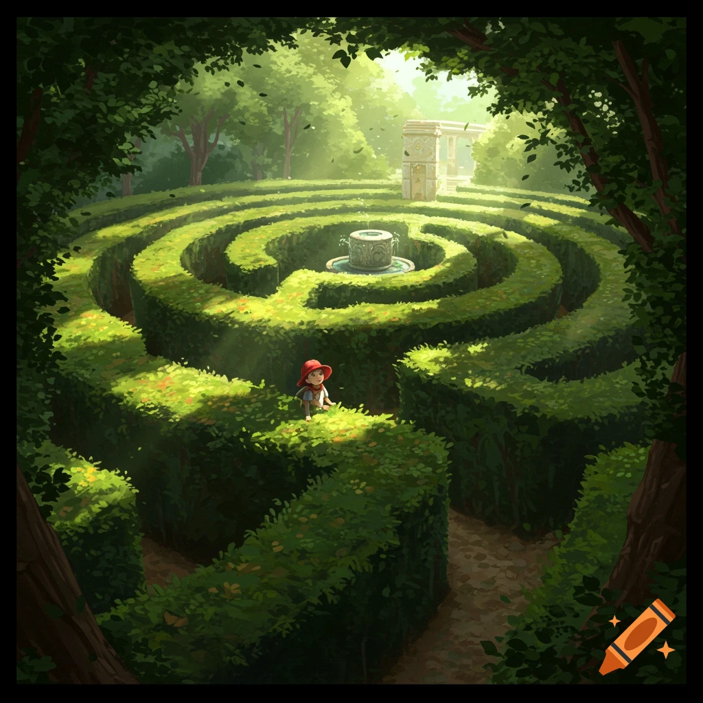 A charming illustration of a small figure in a red hat exploring a lush, sunlit green hedge maze with a fountain in the center.