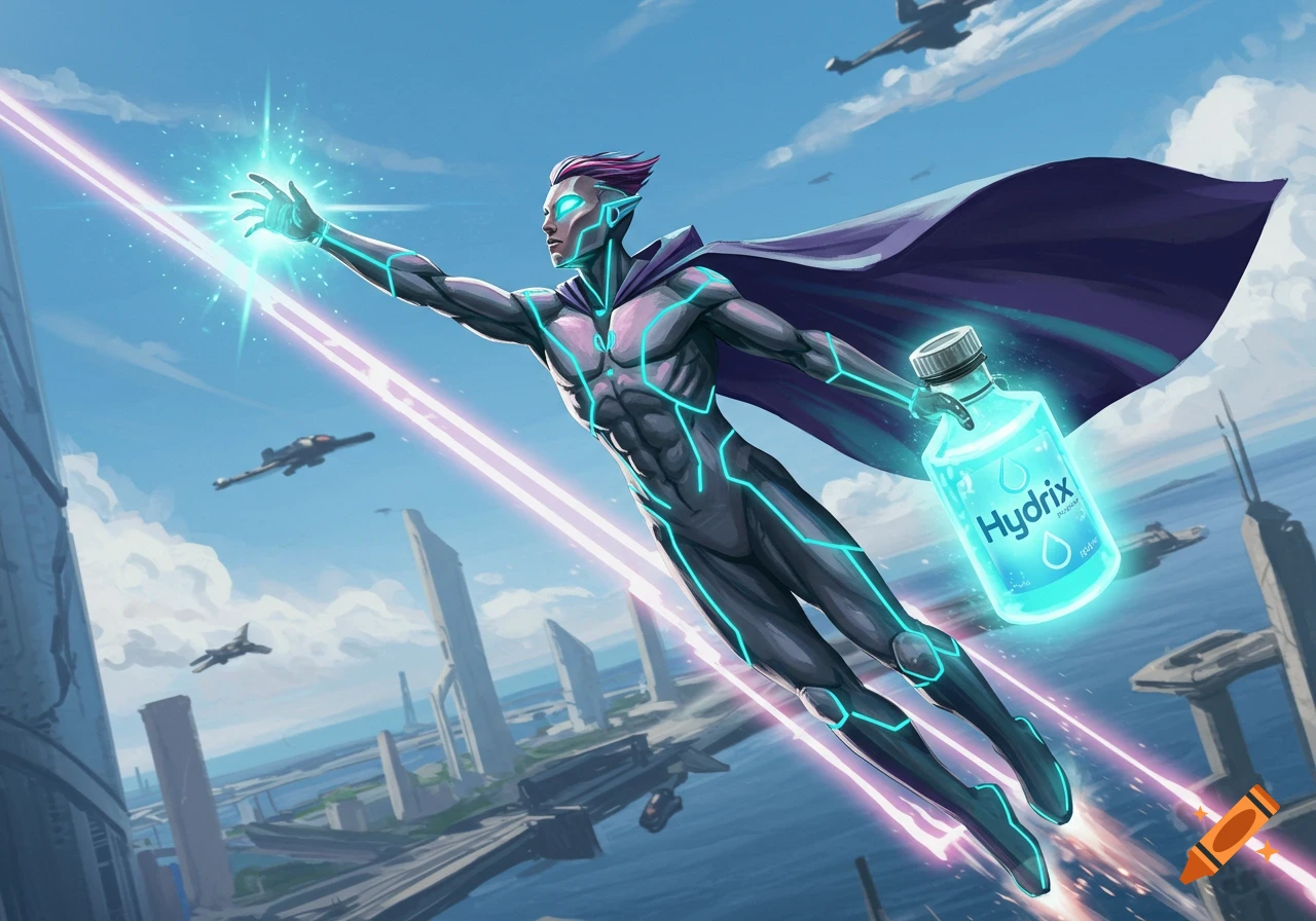 A superhero in a futuristic suit and cape flies over a city, shooting lasers and holding a glowing bottle labeled 'Hydrix'.