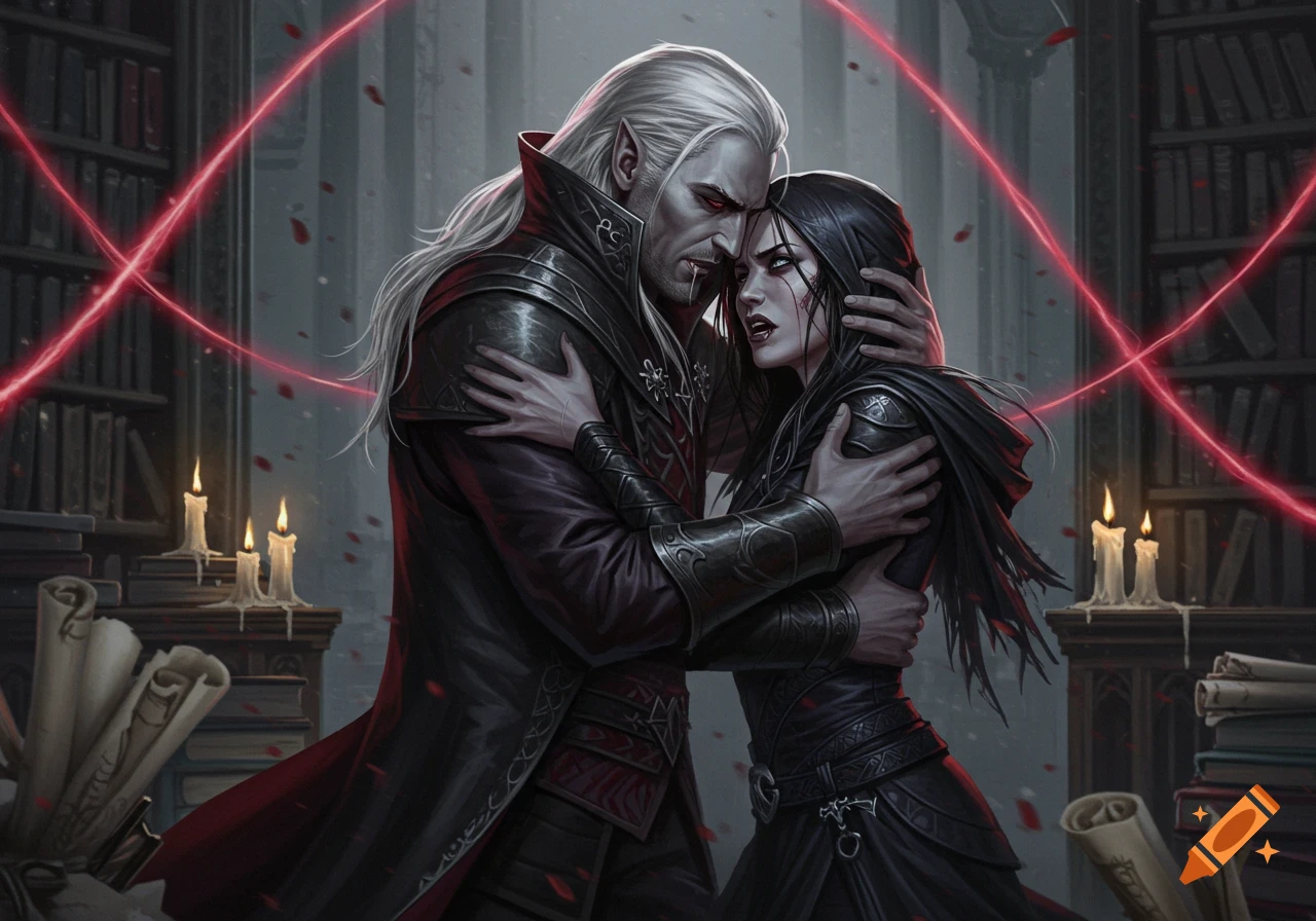 A pale vampire-like man embraces a distressed dark-haired woman with blood on her face in a library with red glowing magic.