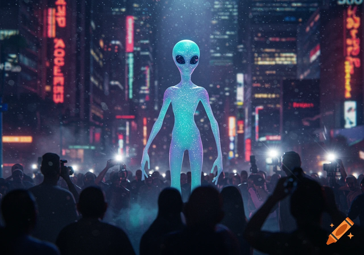 A luminous, blue-purple alien stands in a crowded, neon-lit city street at night, illuminated by camera flashes in a photorealistic style.