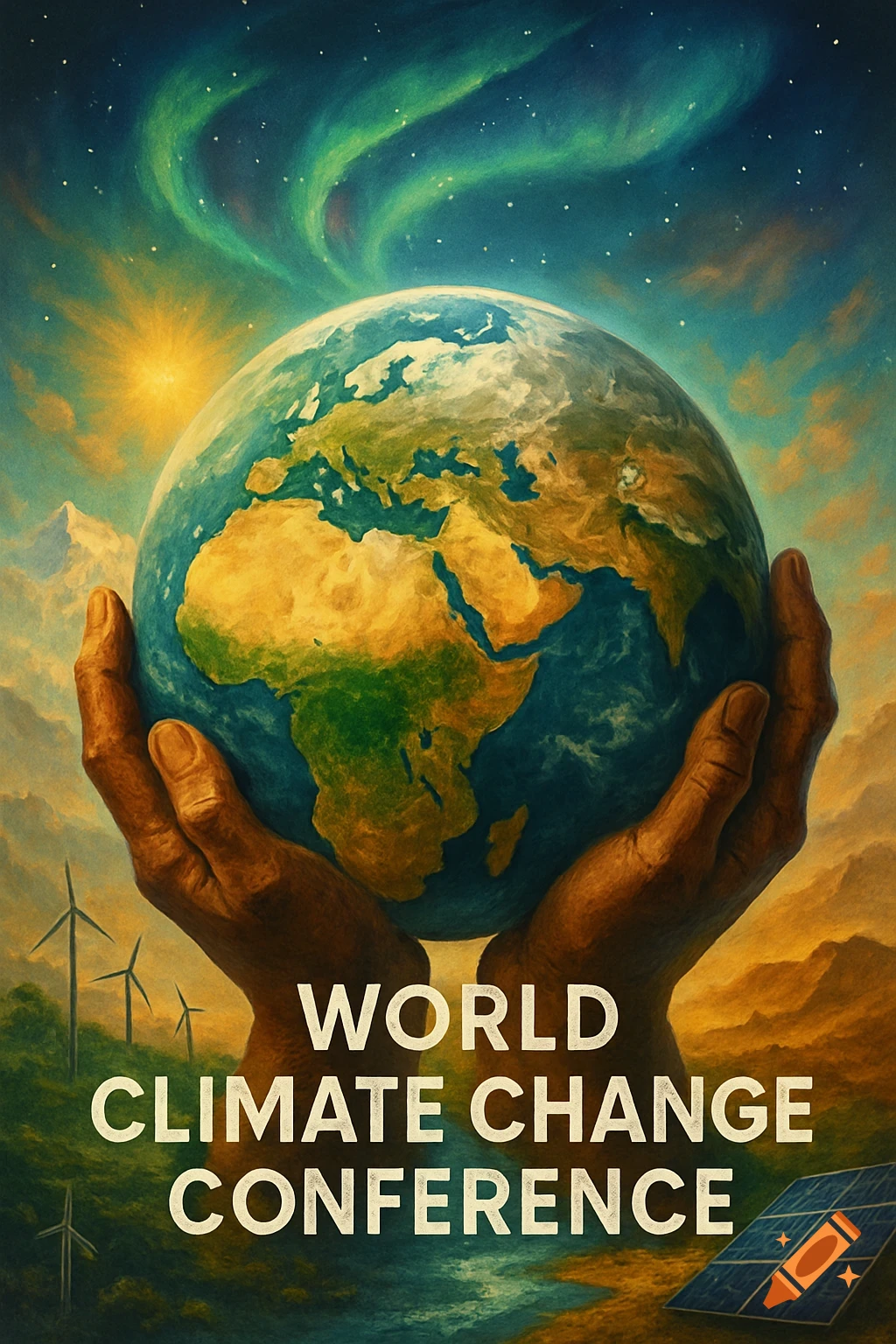 A stylized poster showing hands cradling Earth under an aurora-lit sky, with text "WORLD CLIMATE CHANGE CONFERENCE" and renewable energy elements.