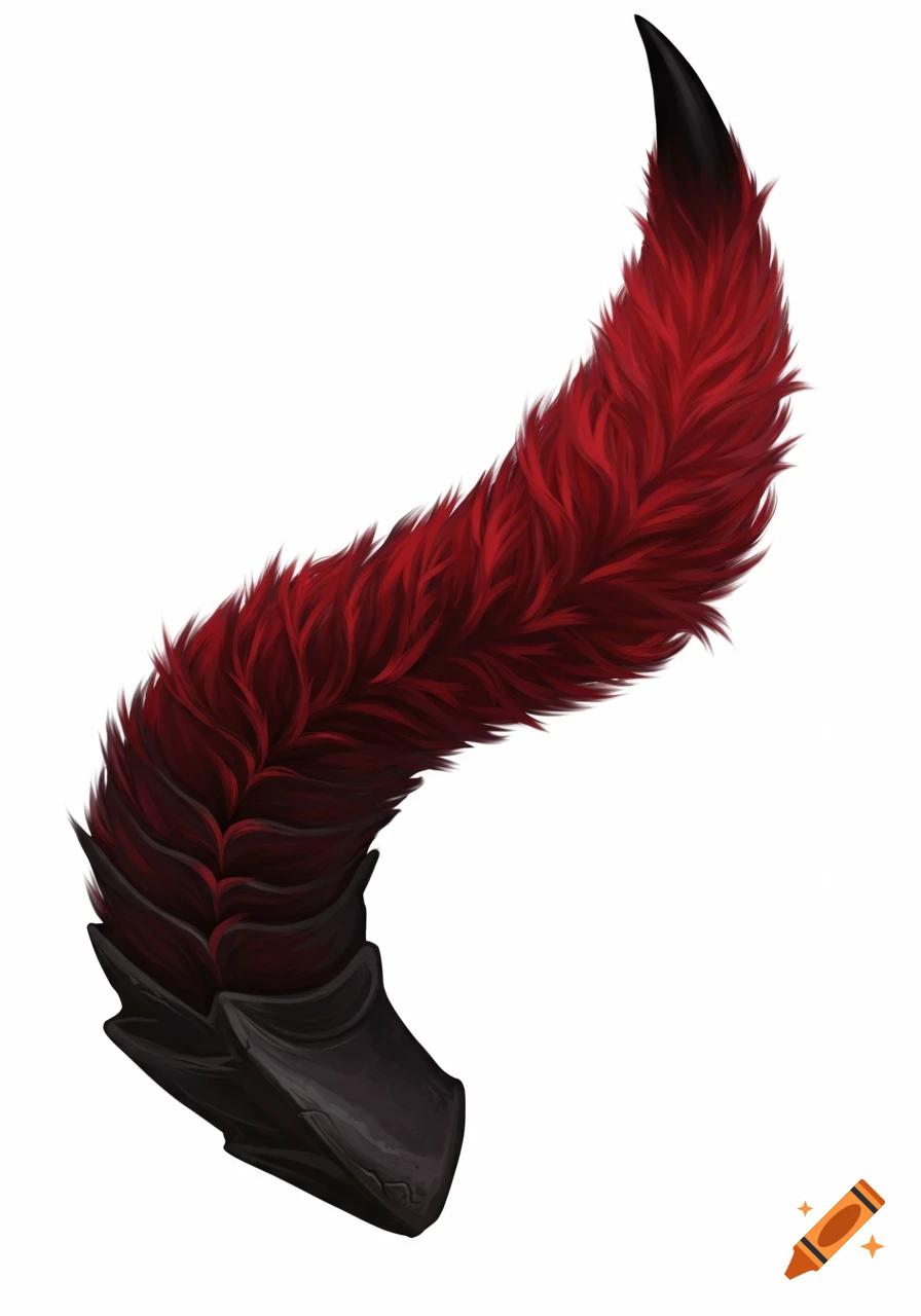 A semi-realistic digital illustration of a curved demon horn with a dark black base, red fur, and a sharp black tip on a white background.