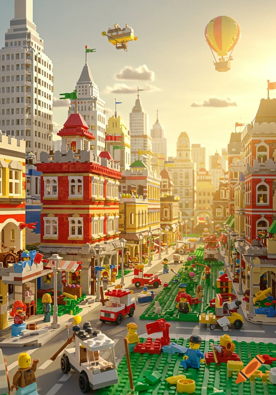 A vibrant Lego city with colorful buildings, vehicles, minifigures, and a hot air balloon in a sunny sky.