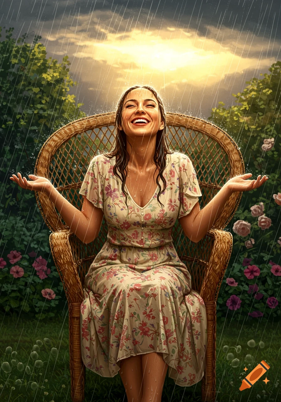 A smiling woman in a floral sundress sits in a wicker chair, enjoying the pouring rain in a lush garden at sunset.