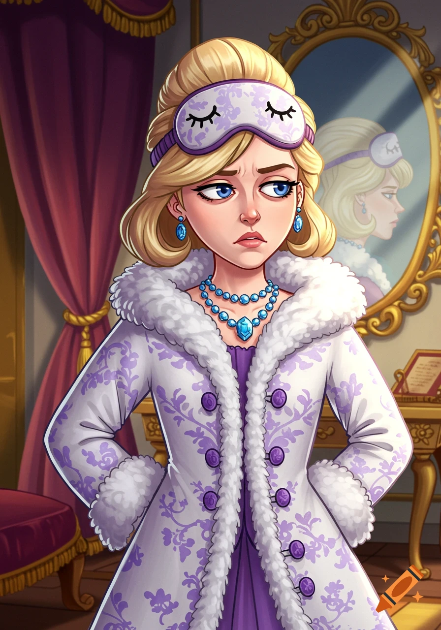A cartoon cranky blonde princess in a sleep mask, white and purple fur-trimmed coat, and blue diamond necklace in a lavish room.