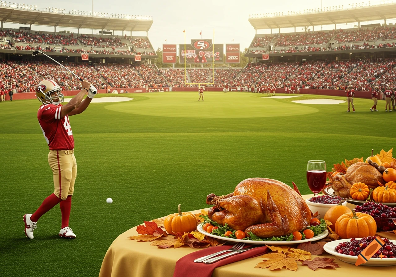 A photorealistic image of a 49ers football player golfing on a stadium field, with a Thanksgiving feast on a table in the foreground.