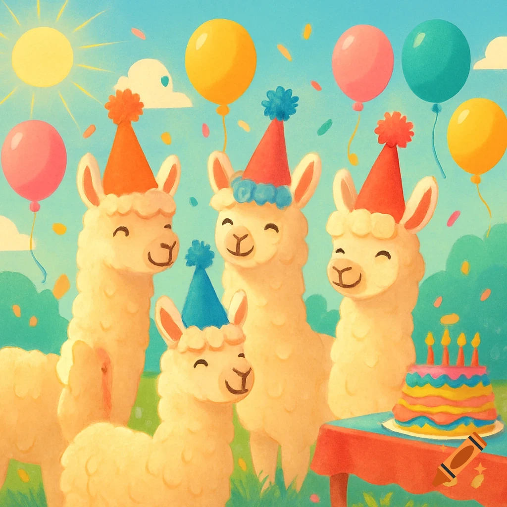 Illustration of four smiling llamas wearing party hats at an outdoor birthday party with balloons, confetti, and a colorful cake.