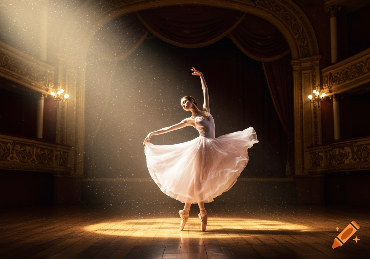 A ballerina in a white tutu dances en pointe on a wooden stage under a spotlight in a theater.