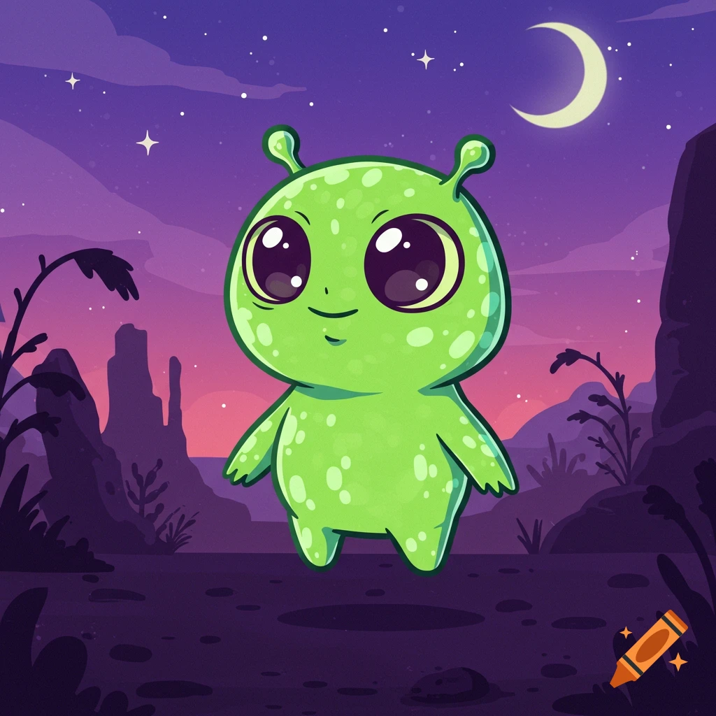 A cute, green cartoon alien with large eyes in a vibrant purple alien landscape with a crescent moon.