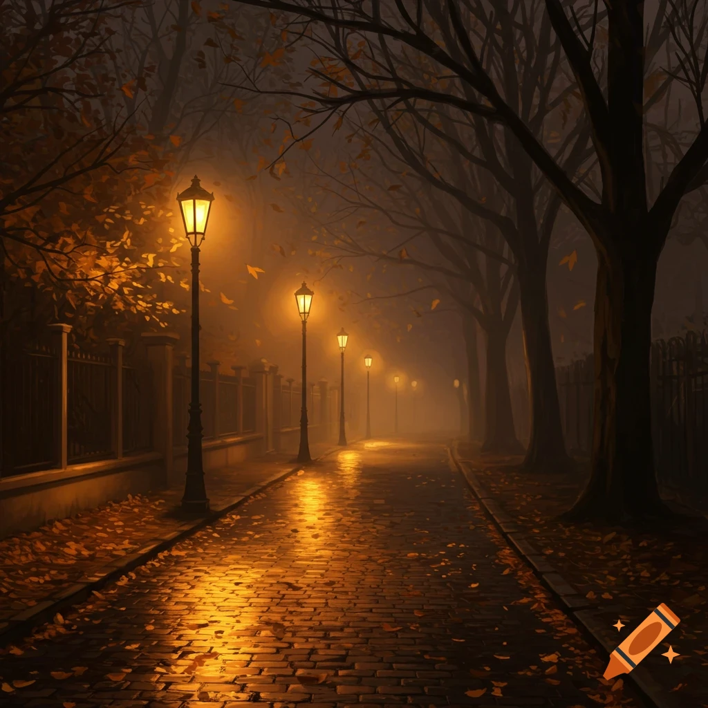 Foggy autumn street at night, lit by glowing streetlights, reflecting on a wet cobblestone path lined with bare trees and fallen leaves.