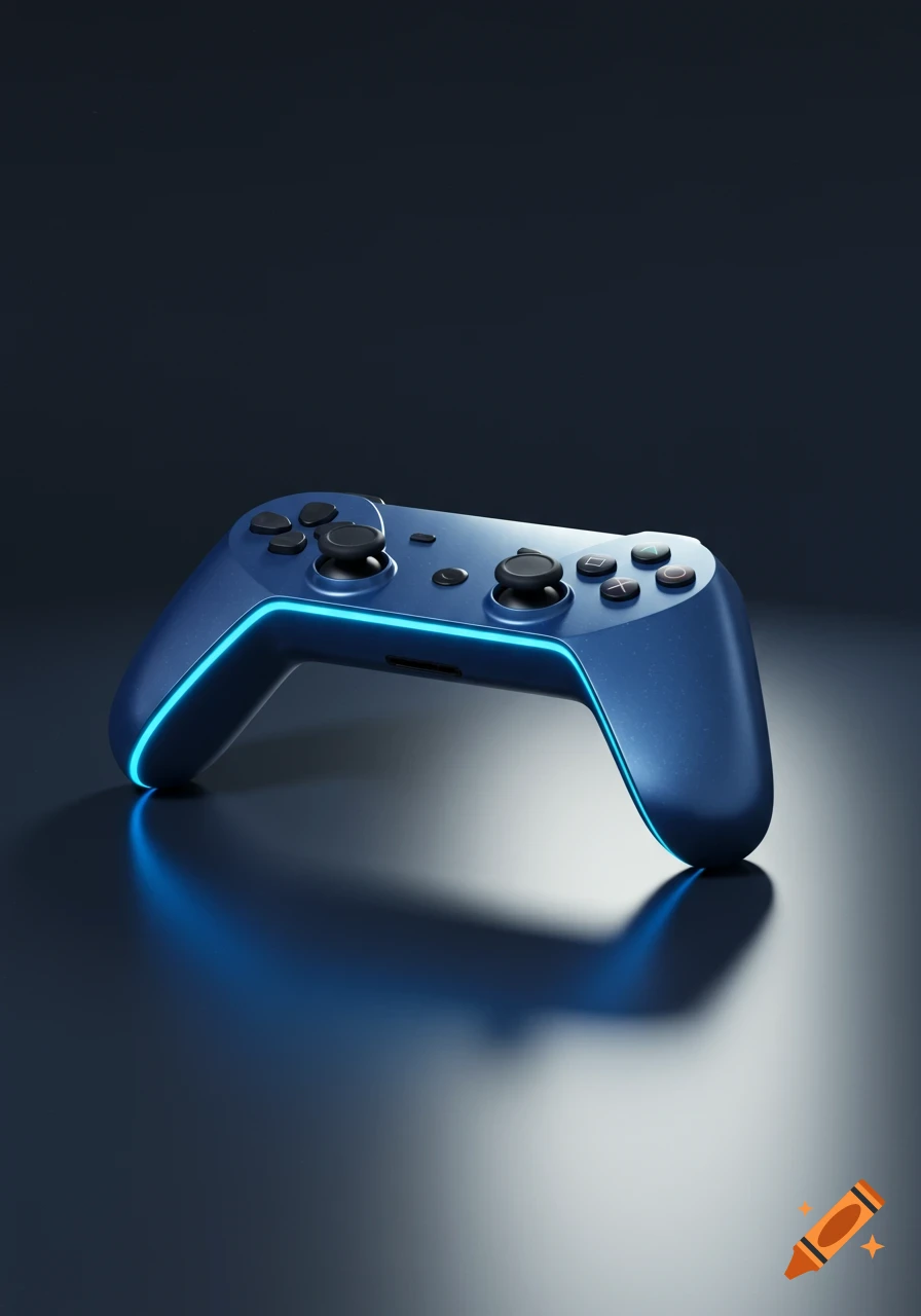 A sleek blue gaming controller with glowing blue accents rests on a dark, reflective surface, casting a subtle shadow.